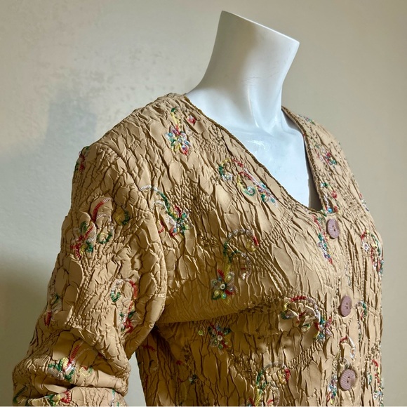 Vintage DB Sport Beaded & Sequin Crinkle Jacket Beige, Embroidered, Sz M - Picture 5 of 16